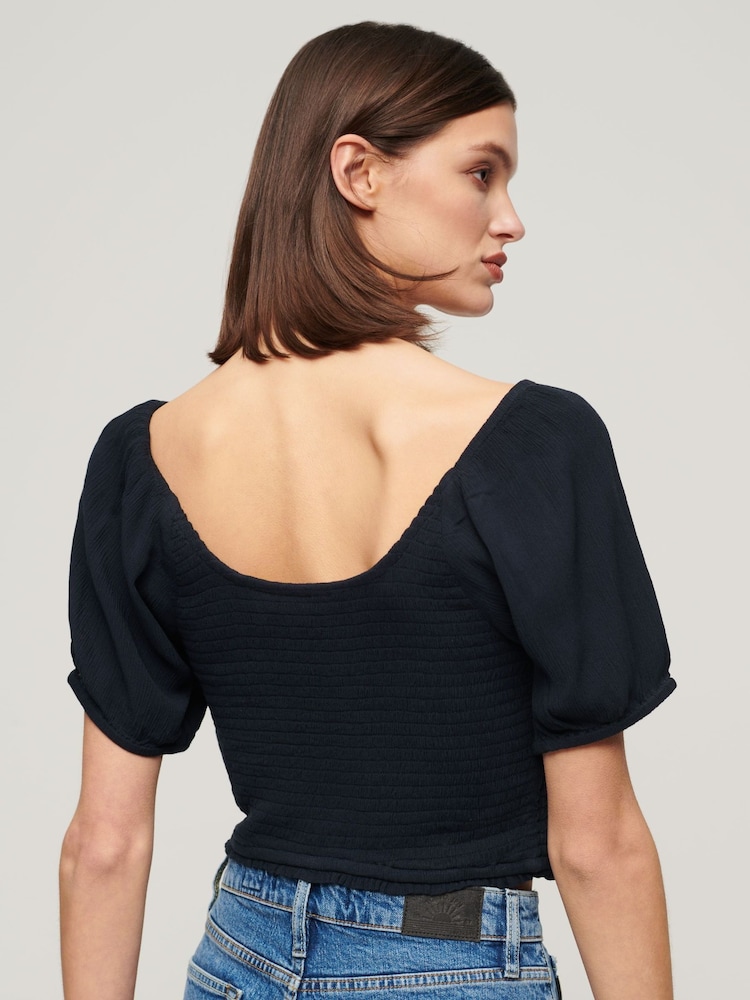 Superdry Eclipse Navy Shorts Sleeved Smocked Woven Top - Image 2 of 4