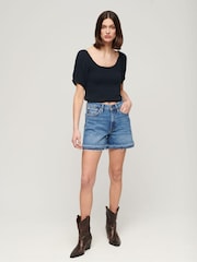 Superdry Eclipse Navy Shorts Sleeved Smocked Woven Top - Image 3 of 4