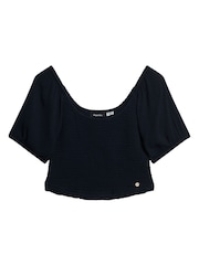 Superdry Eclipse Navy Shorts Sleeved Smocked Woven Top - Image 4 of 4