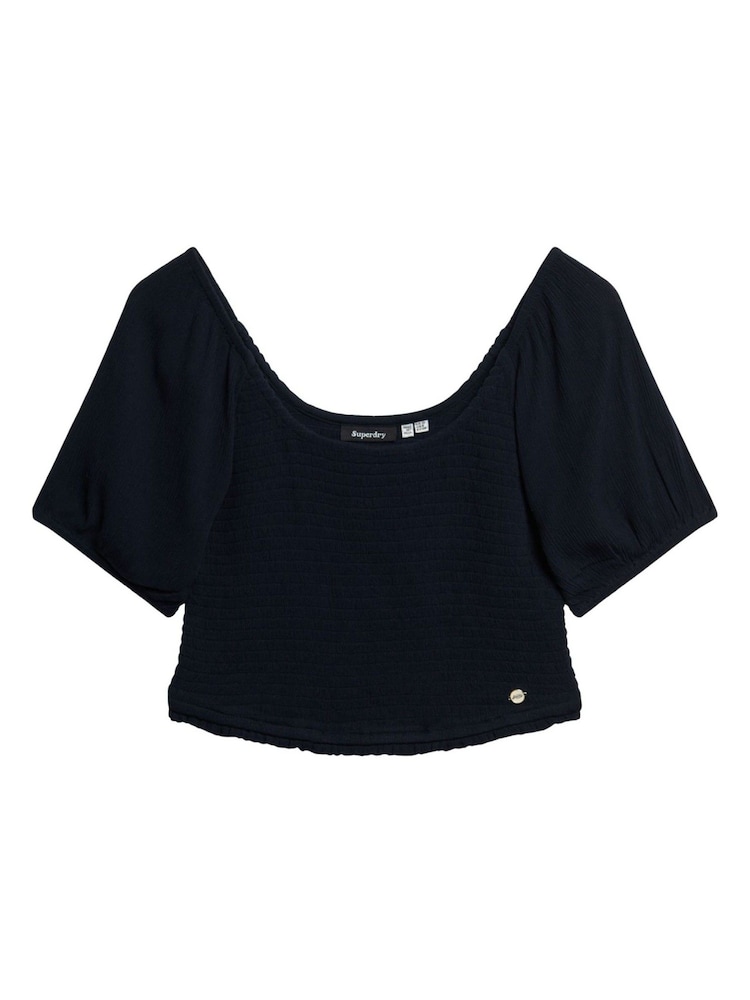 Superdry Eclipse Navy Shorts Sleeved Smocked Woven Top - Image 4 of 4