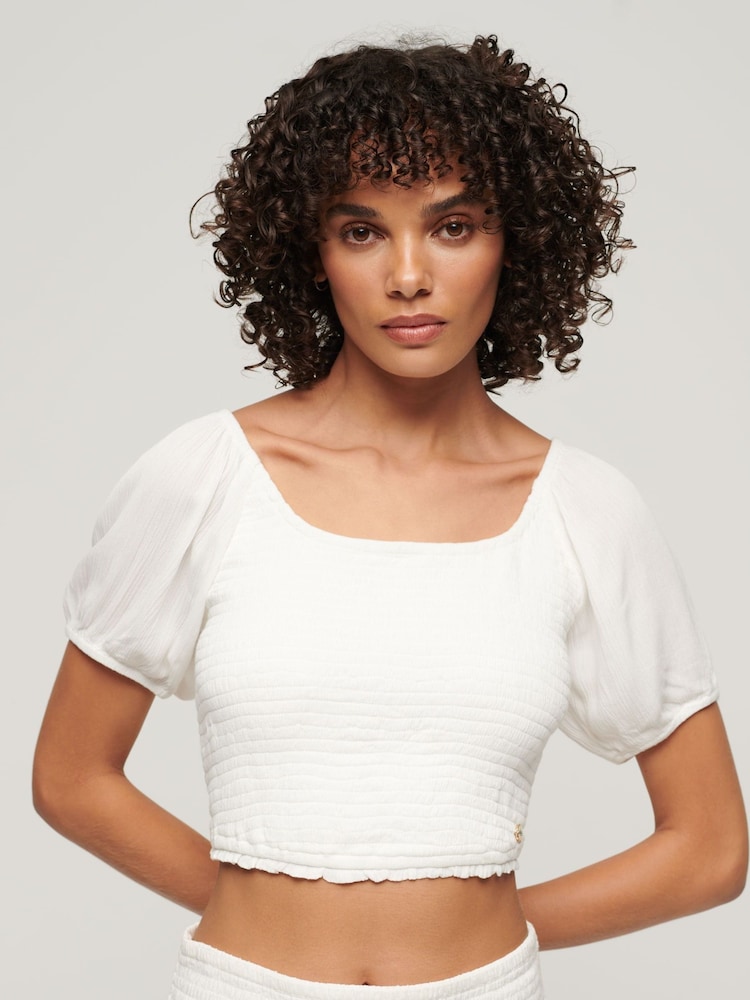 Superdry White Shorts Sleeved Smocked Woven Top - Image 1 of 4