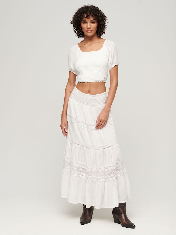 Superdry White Shorts Sleeved Smocked Woven Top - Image 2 of 4