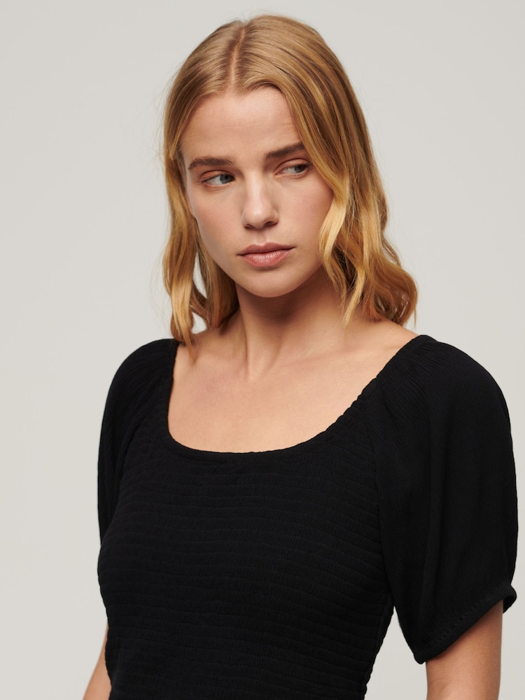 Superdry Black Shorts Sleeved Smocked Woven Top - Image 2 of 5 Superdry Black Shorts Sleeved Smocked Woven Top - Image 2 of 5