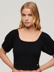Superdry Black Shorts Sleeved Smocked Woven Top - Image 3 of 5