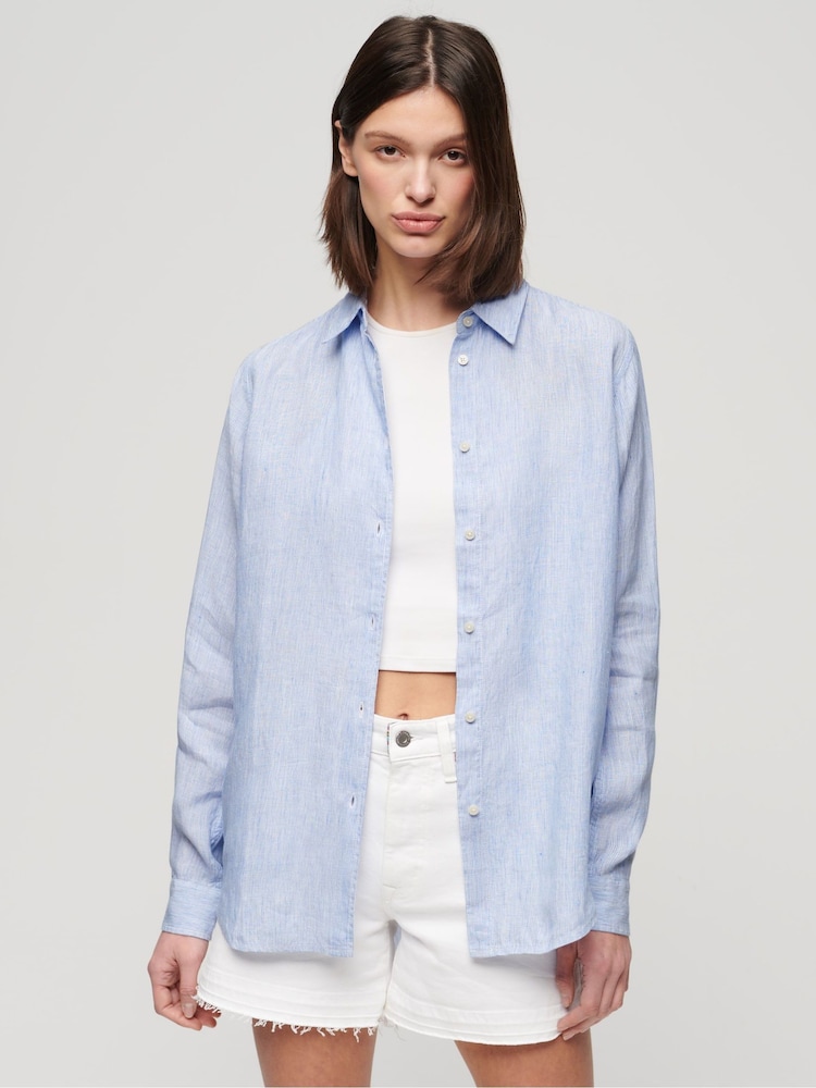 Superdry Pale Blue Casual Linen Boyfriend Shirt - Image 1 of 6