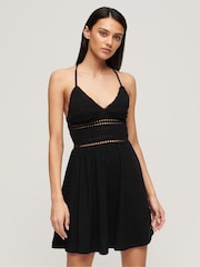 Superdry Black 100% Cotton Jersey Lace Mini Dress - Image 1 of 5