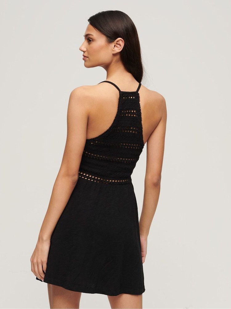 Superdry Black 100% Cotton Jersey Lace Mini Dress - Image 2 of 5
