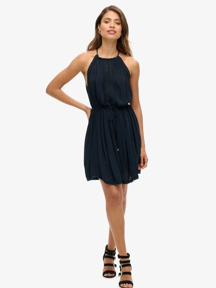 Superdry Blue 100% Cotton Ibiza Halter Neck Mini Dress - Image 1 of 6