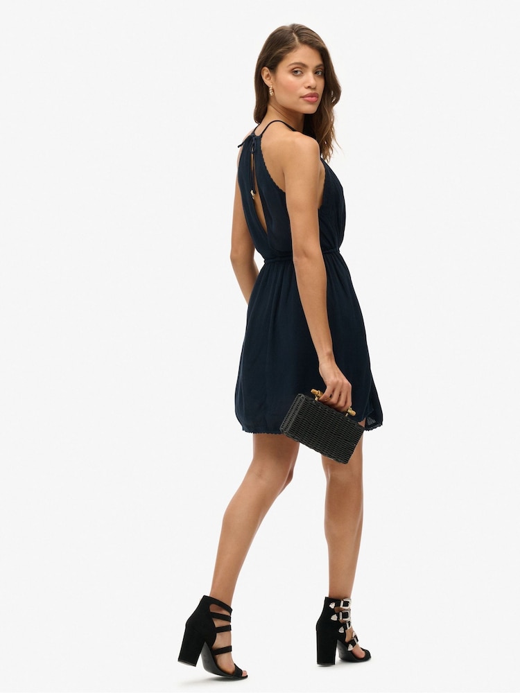 Superdry Blue 100% Cotton Ibiza Halter Neck Mini Dress - Image 2 of 6