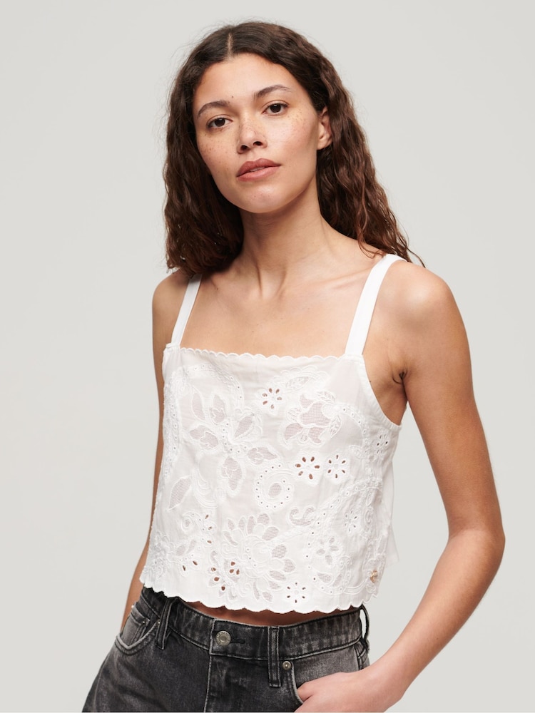 Superdry White Ibiza Embroidered 100% Cotton Cami Top - Image 1 of 4