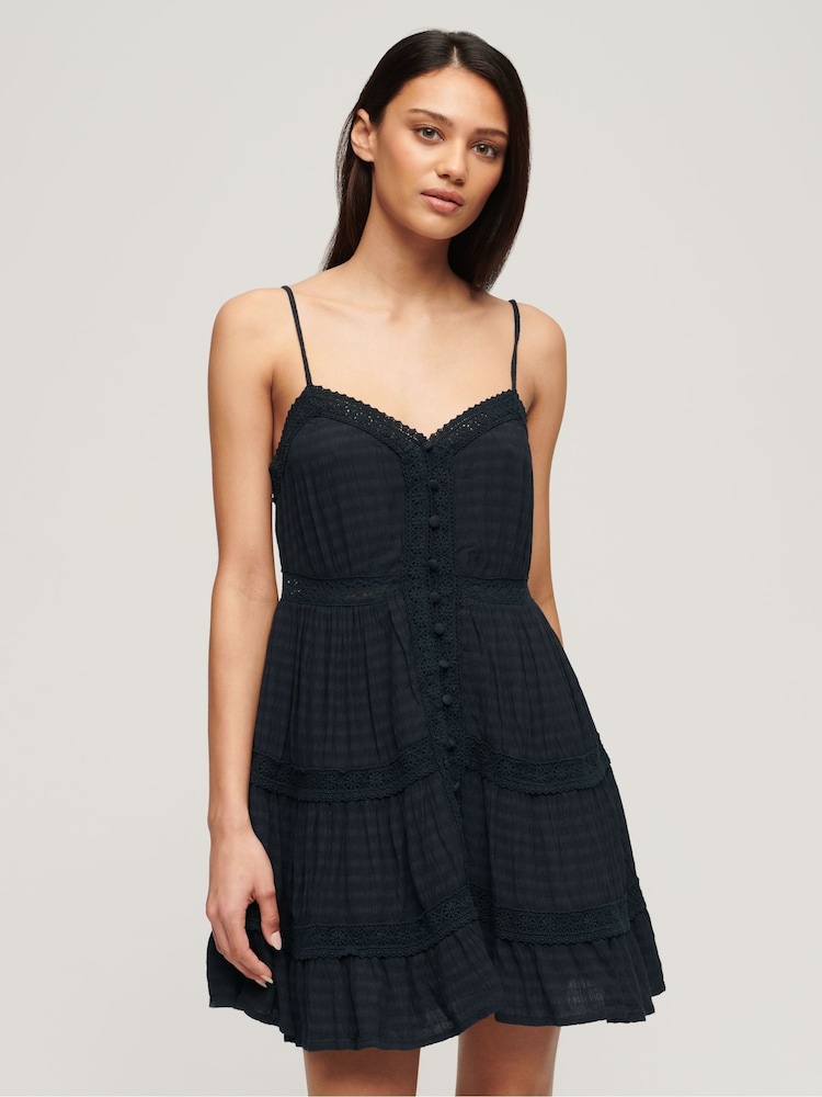 Superdry Blue 100% Cotton Alana Lace Trim Cami Dress - Image 1 of 6