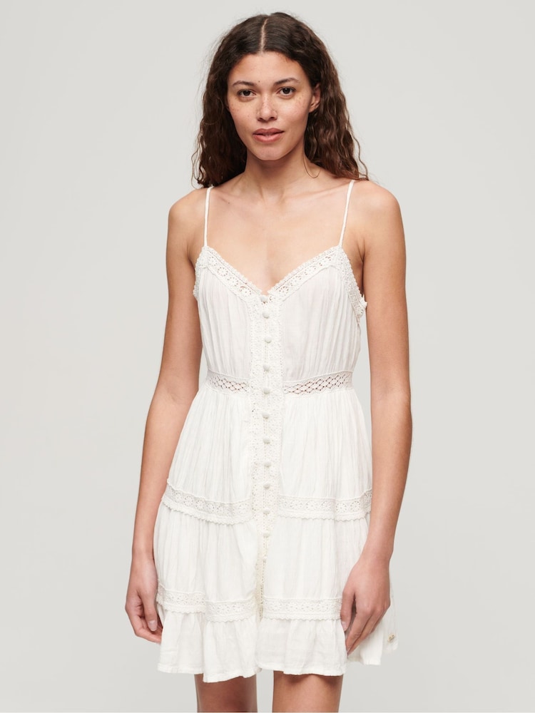 Superdry White 100% Cotton Alana Lace Trim Cami Dress - Image 1 of 4
