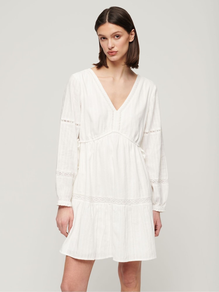 Superdry White Ibiza 100% Cotton Long Sleeved Tiered Mini Dress - Image 1 of 6