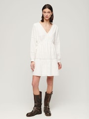 Superdry White Ibiza 100% Cotton Long Sleeved Tiered Mini Dress - Image 3 of 6