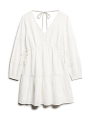 Superdry White Ibiza 100% Cotton Long Sleeved Tiered Mini Dress - Image 4 of 6