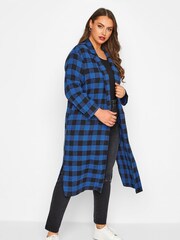 Yours Curve Blue Checked Long Duster Coat - Image 1 of 4