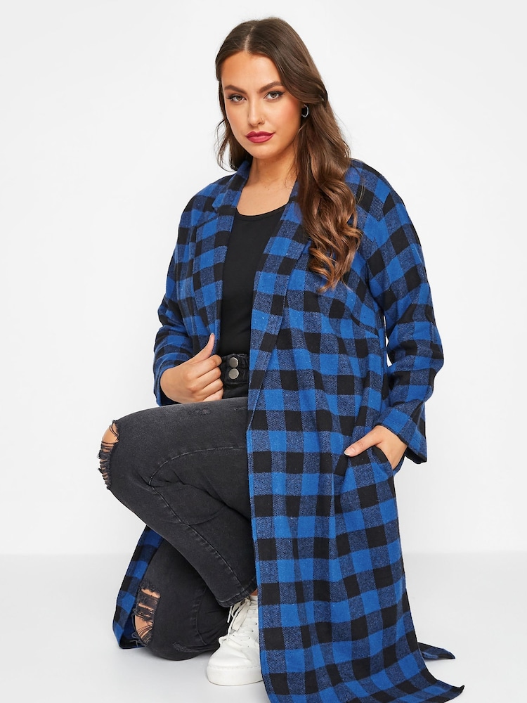 Yours Curve Blue Checked Long Duster Coat - Image 3 of 4