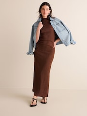 Rust Brown Textured Ruched High Neck Midi Dress - Image 1 of 6