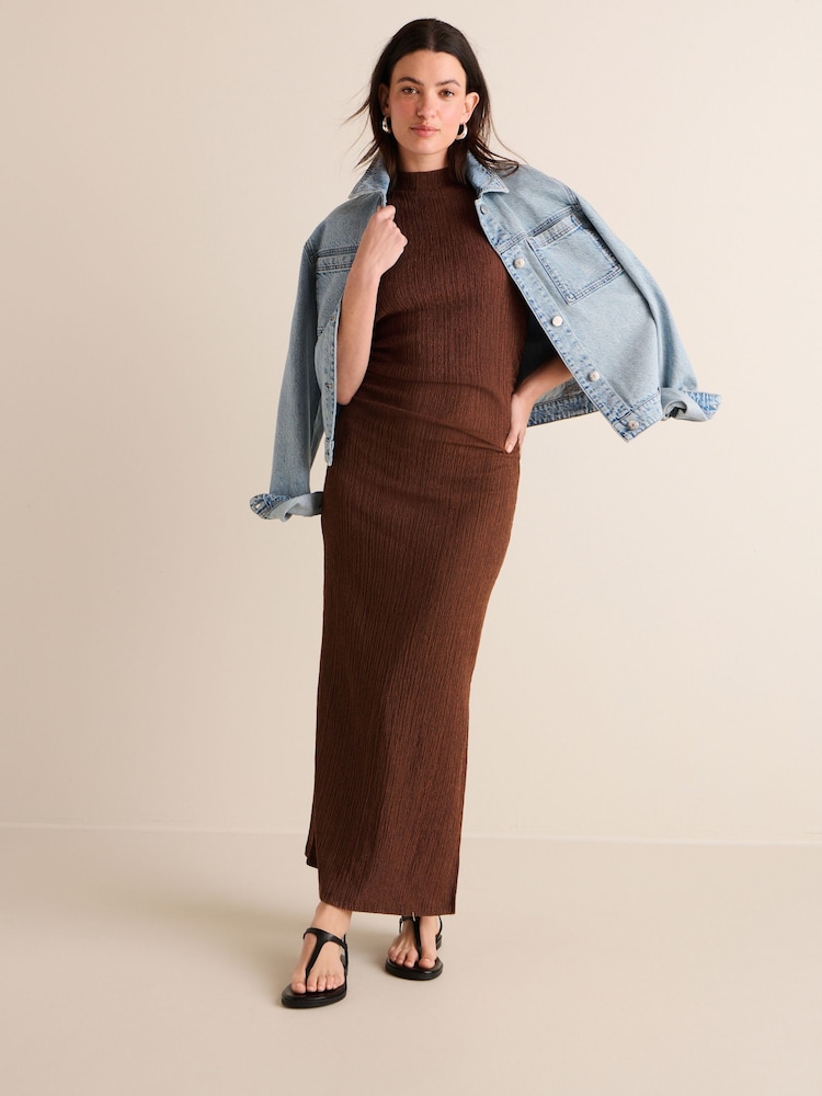 Rust Brown Textured Ruched High Neck Midi Dress - Image 1 of 6