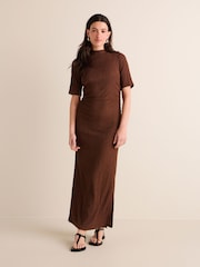 Rust Brown Textured Ruched High Neck Midi Dress - Image 2 of 6