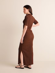 Rust Brown Textured Ruched High Neck Midi Dress - Image 3 of 6