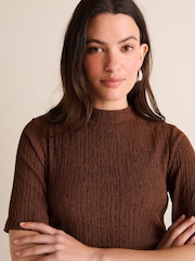 Rust Brown Textured Ruched High Neck Midi Dress - Image 4 of 6