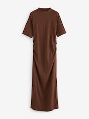 Rust Brown Textured Ruched High Neck Midi Dress - Image 5 of 6