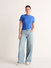 Colbalt Blue Short Sleeve Lettuce Edge Textured Top - Image 2 of 6