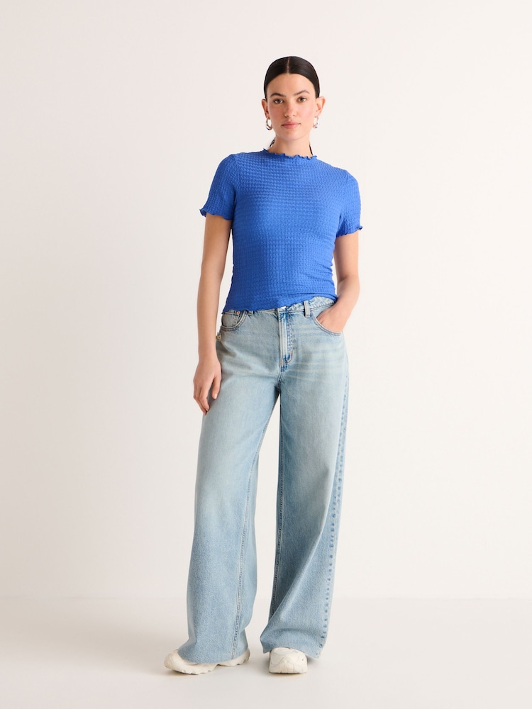 Colbalt Blue Short Sleeve Lettuce Edge Textured Top - Image 2 of 6