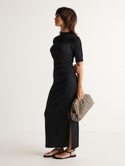 Black Textured Ruched High Neck Midi Dress - Image 2 of 6