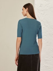 Teal Blue Ribbed Short Sleeve Premium Henley T-Shirt - Image 2 of 5
