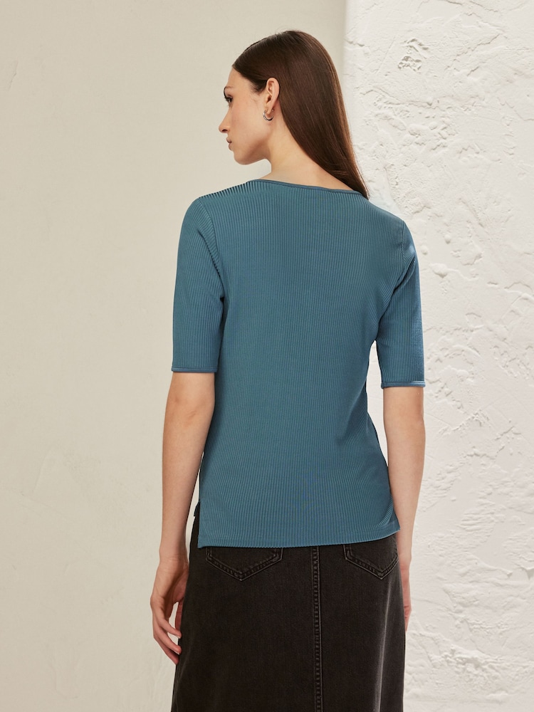 Teal Blue Ribbed Short Sleeve Premium Henley T-Shirt - Image 2 of 5