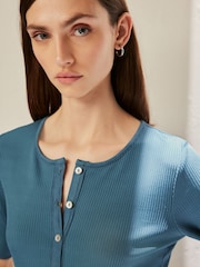 Teal Blue Ribbed Short Sleeve Premium Henley T-Shirt - Image 3 of 5