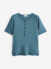 Teal Blue Ribbed Short Sleeve Premium Henley T-Shirt - Image 4 of 5