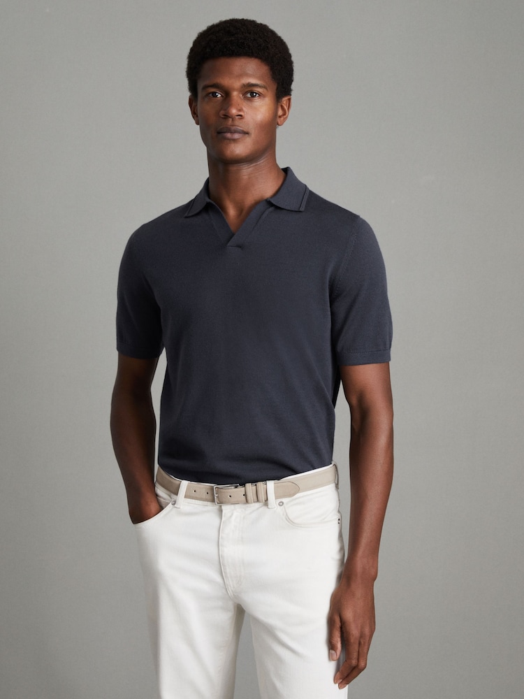 Reiss Blue Smoke Duchie Merino Wool Open Collar Polo Shirt - Image 1 of 6