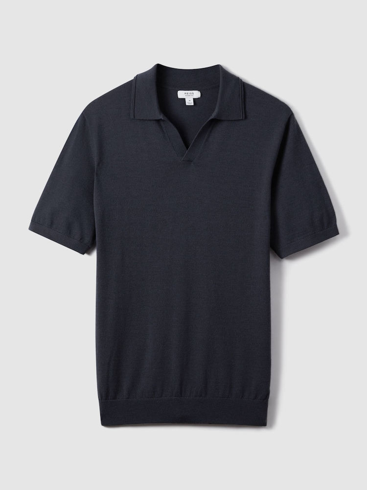 Reiss Blue Smoke Duchie Merino Wool Open Collar Polo Shirt - Image 2 of 6
