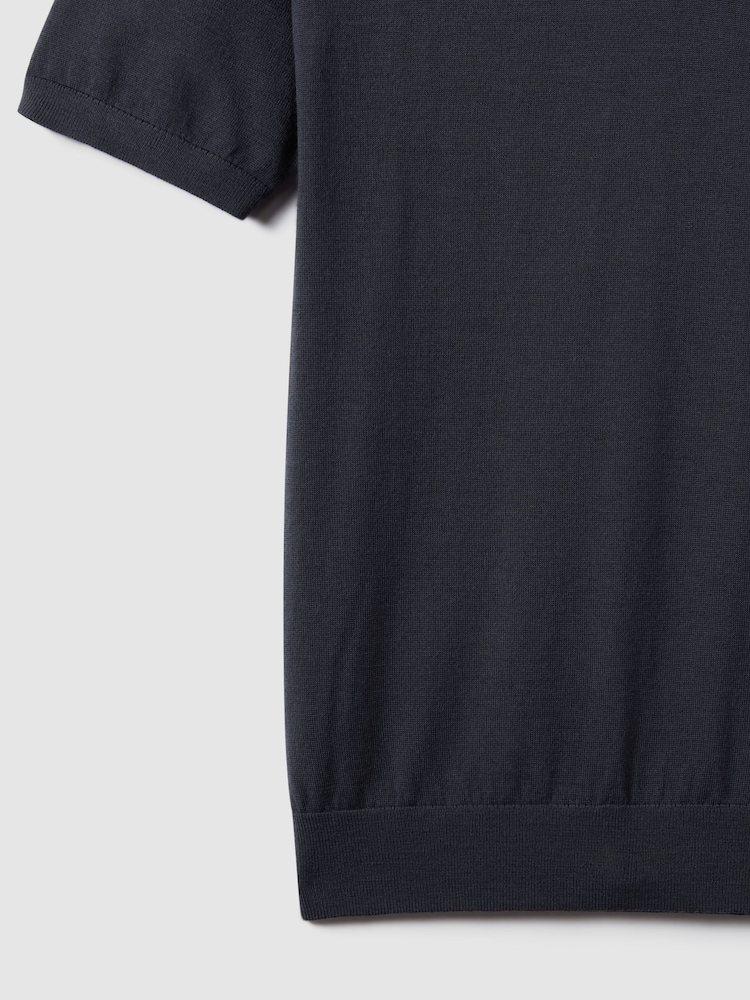 Reiss Blue Smoke Duchie Merino Wool Open Collar Polo Shirt - Image 6 of 6