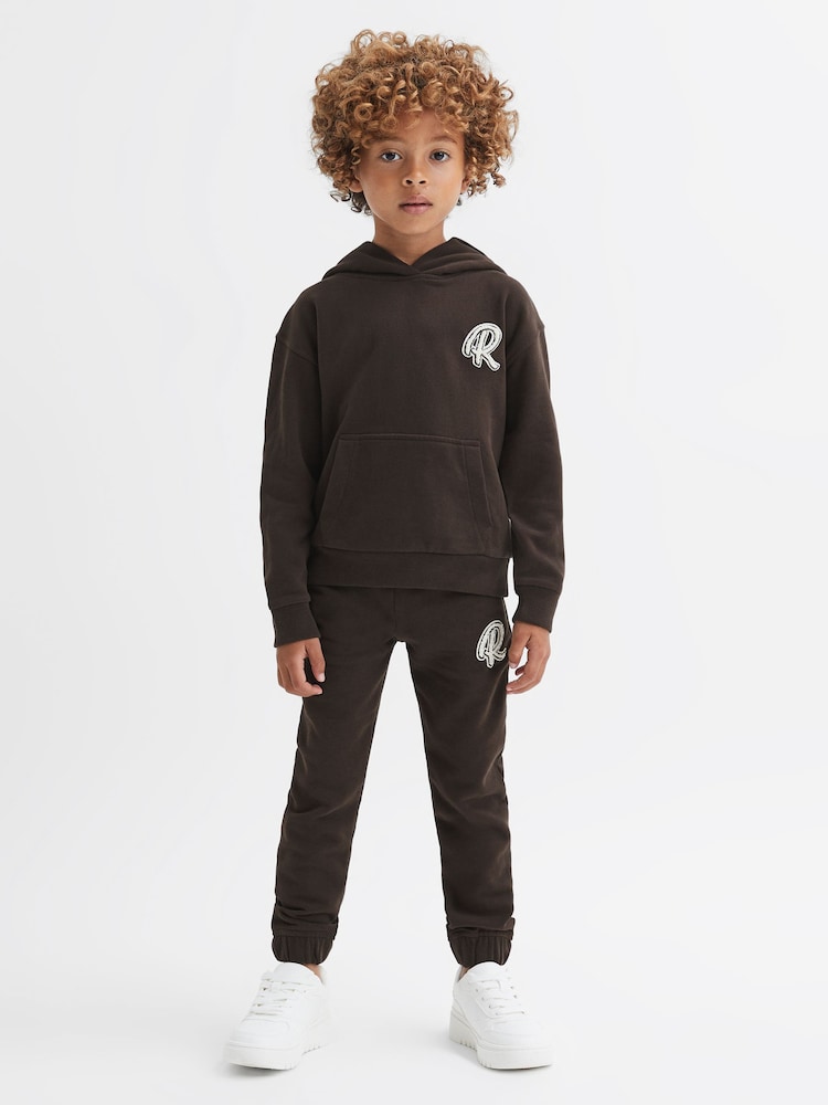 Reiss Chocolate Cade Junior Relaxed Garment Dyed Logo Hoodie - Image 1 of 6