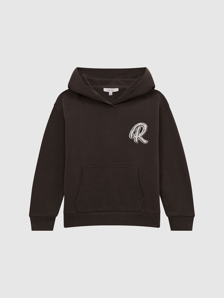 Reiss Chocolate Cade Junior Relaxed Garment Dyed Logo Hoodie - Image 2 of 6