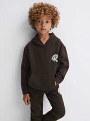 Reiss Chocolate Cade Senior Relaxed Garment Dyed Logo Hoodie - Image 1 of 6