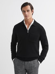 Reiss Black Fleetwood Wool Blend Half-Zip Polo Jumper - Image 1 of 5