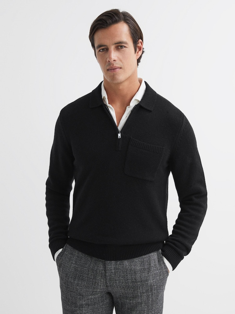 Reiss Black Fleetwood Wool Blend Half-Zip Polo Jumper - Image 1 of 5