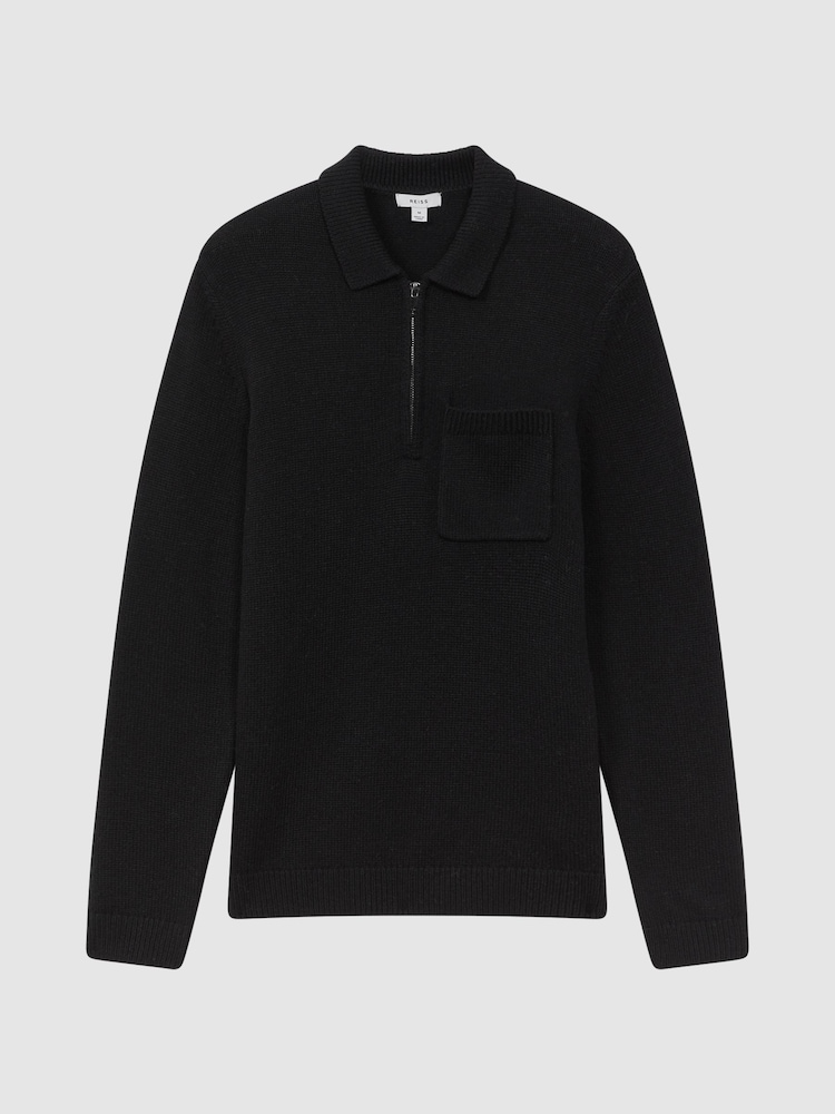Reiss Black Fleetwood Wool Blend Half-Zip Polo Jumper - Image 2 of 5