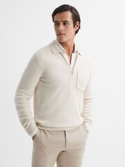 Reiss Ecru Fleetwood Wool Blend Half-Zip Polo Jumper - Image 1 of 4
