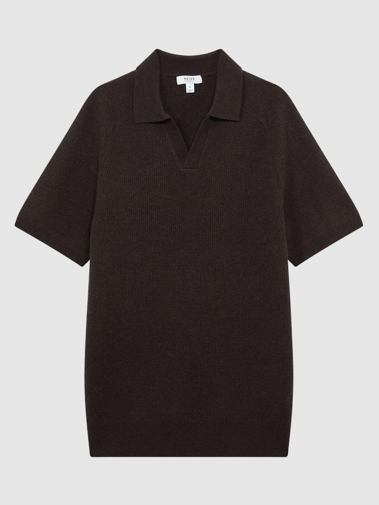 Reiss Chocolate Mortimer Wool Open-Collar Polo Shirt - Image 2 of 5