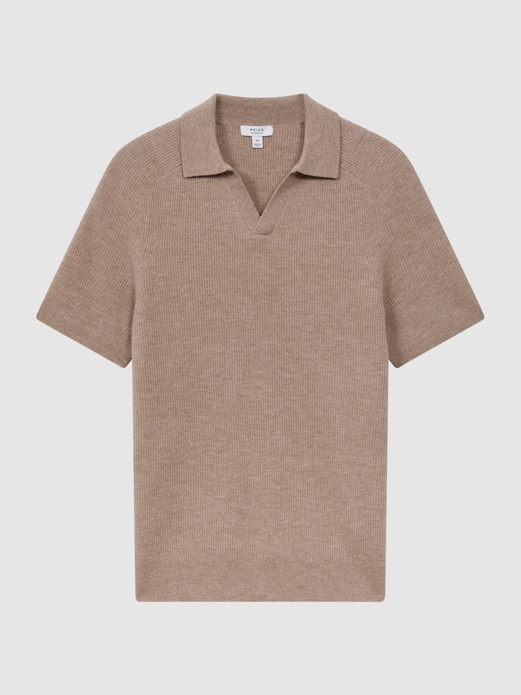 Reiss Camel Mortimer Wool Open-Collar Polo Shirt - Image 1 of 4