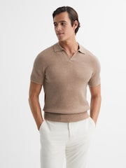 Reiss Camel Mortimer Wool Open-Collar Polo Shirt - Image 3 of 4