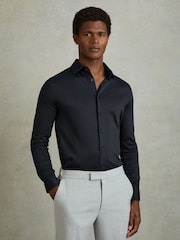 Reiss Navy Viscount Slim Fit Mercerised Cotton Jersey Shirt - Image 1 of 5
