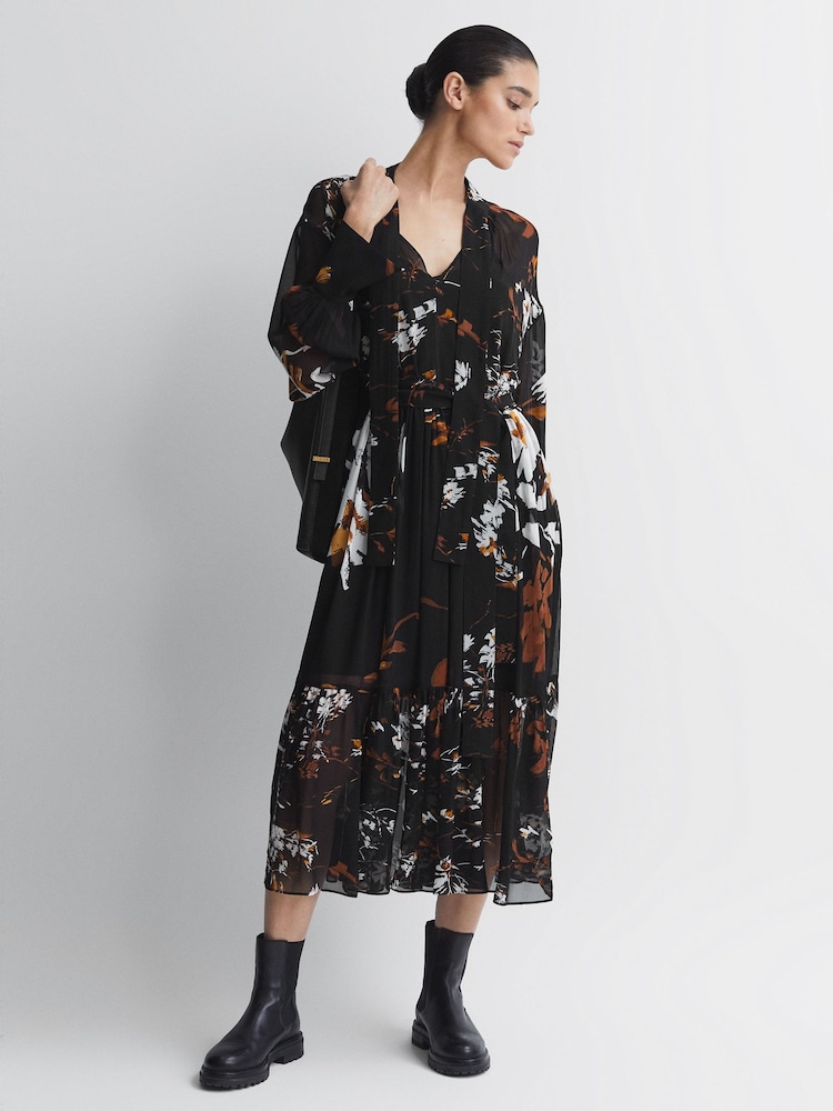 Reiss Black/Brown Charlotte Floral Neck Tie Midi Dress - Image 1 of 6