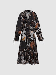 Reiss Black/Brown Charlotte Floral Neck Tie Midi Dress - Image 2 of 6
